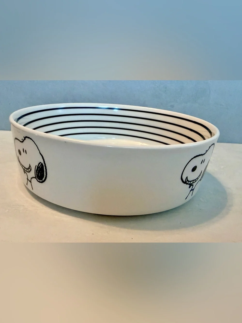 Peanuts Snoopy White & Black Stripes Stoneware Pet Bowl 6.5” NWT
